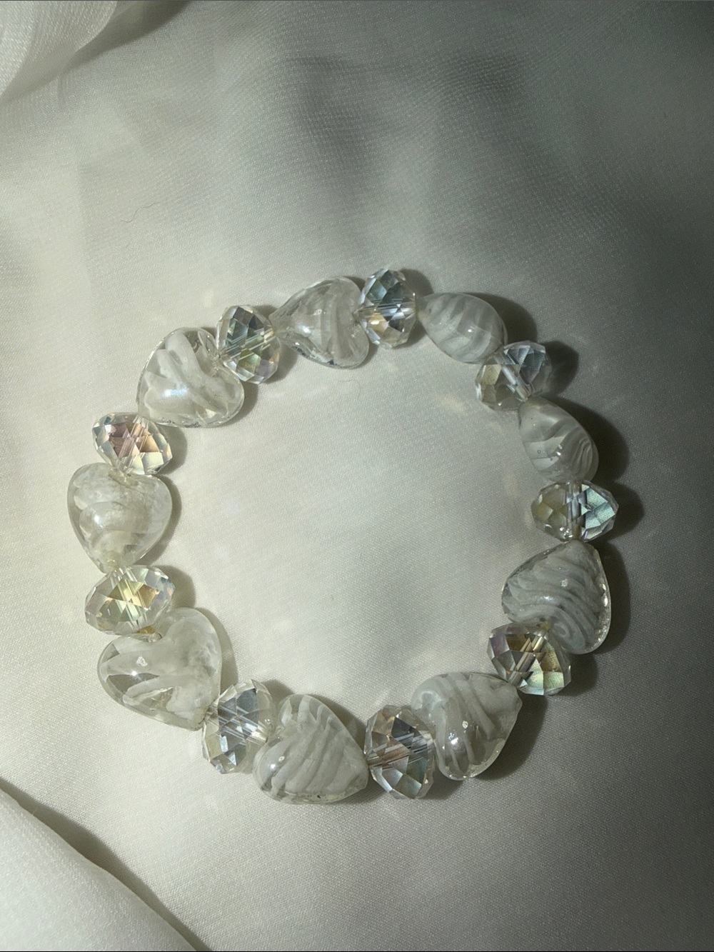 Clear Iridescent Heart Bead Stretch Bracelet - Women Jewelry